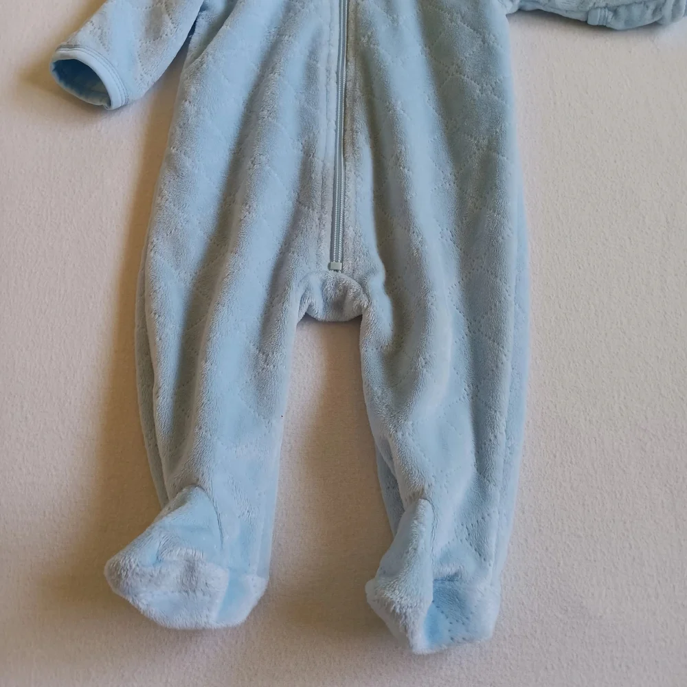 Blue Hooded Footie One Piece with Enclosed Feet Sz 3-6M With Zipper